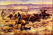 Charles M Russell The Round Up oil on canvas
